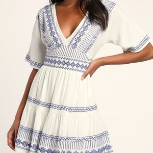 Gone to Greece White Embroidered Short Sleeve V-Neck Mini Dress
